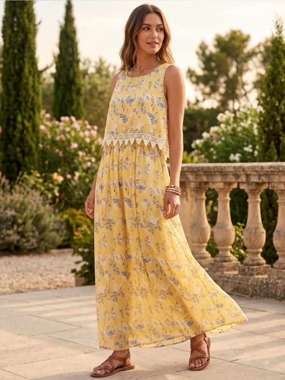 Robert Louis Yellow Floral Maxi Dress with Lace Trim – Size L